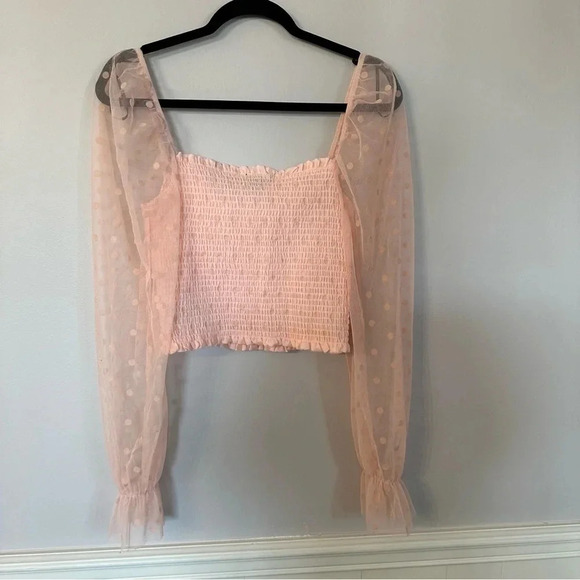 Forever 21 Long Puff Polka Dot Mesh Sleeve Pink Knit Crop Top Size M GUC - Picture 8 of 8